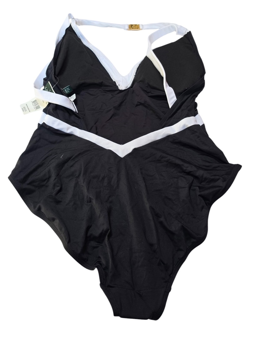 Lauren Ralph NEW Halter V-Neck Backless 12 Black White 1PC Swimsuit Colorblock - Picture 5 of 16